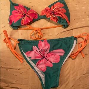 Floral Bikini Set with Orange Ties